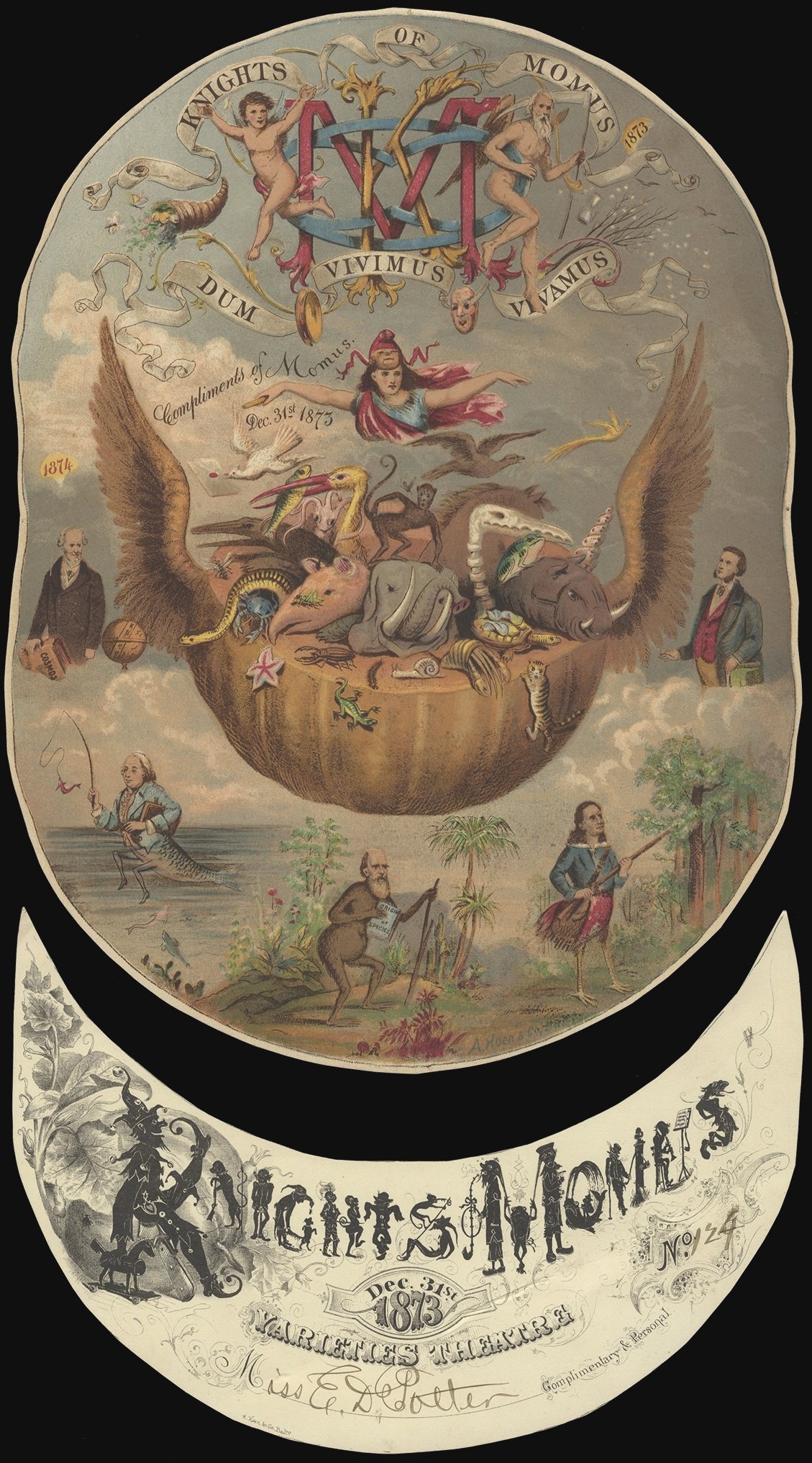 Chromolithographed New Year's Ball invitation for the parading Knights of Momus